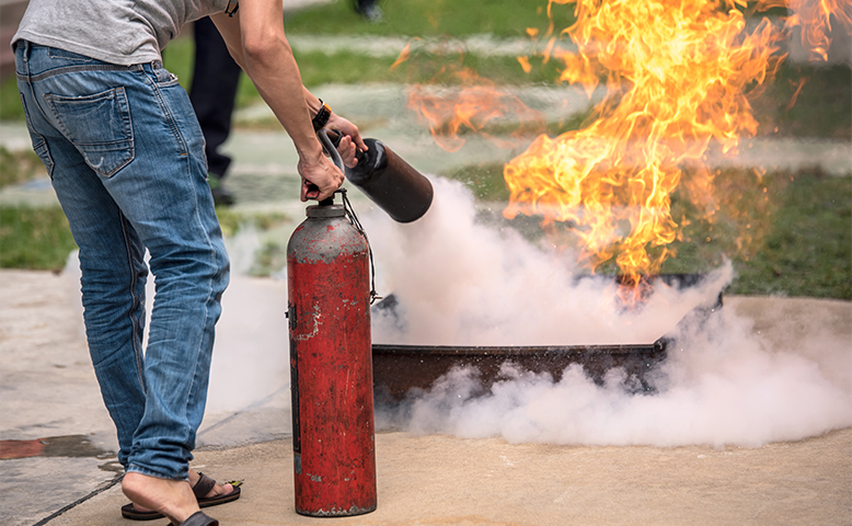 A variety of fire extinguishers for commercial kitchens, including ABC and Class K types, with placement instructions.